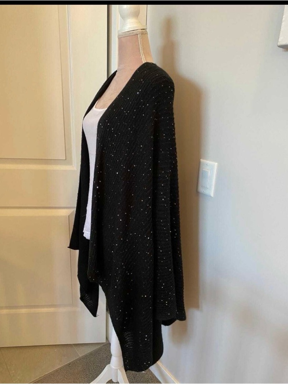 NWOT SEQUIN Sparkle Black Women's Open Front Knit Sweater Cardigan